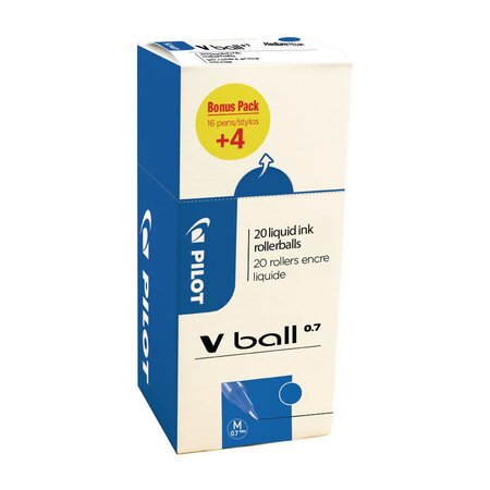 V Ball - Stylo roller encre liquide à capuchon pointe moyenne 0,7 mm - Bleu (Pack Promo 16 + 4 OFFERTS)