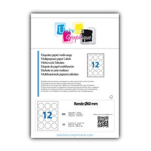 Lot de 50 planches a4 de 12 étiquettes à bords vifs rondeø60 mm en papier blanc 70g/m² multifonction