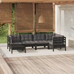 vidaXL Salon de jardin 6 Pièces avec coussins Noir Bois de pin massif