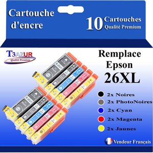 T3AZUR - 10 Cartouches Compatibles avec Epson XP-510  XP-520  XP-600  XP-605  XP-610  XP-615 remplace Epson T26XL