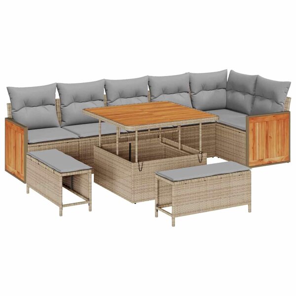 Ensemble de canapés de jardin 9 pièces avec coussins beige en poly rattan