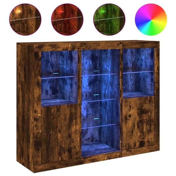 vidaXL Buffets avec lumières LED 3 Pièces chêne fumé bois d'ingénierie