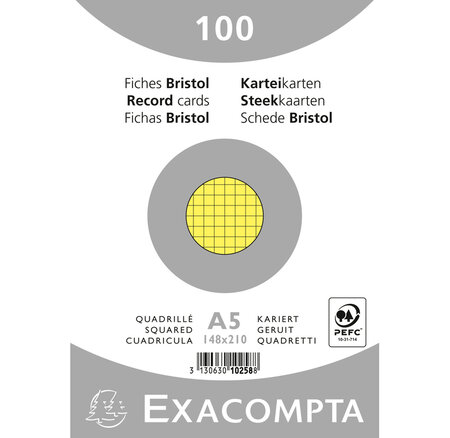 Paquet de 100 Fiches bristol jaune 5x5 148x210 s/film NP EXACOMPTA