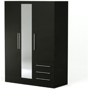 Armoire 3 portes battantes avec miroir + 3 tiroirs - Bois aggloméré - Noir - 144 6 x 60 x 200 cm