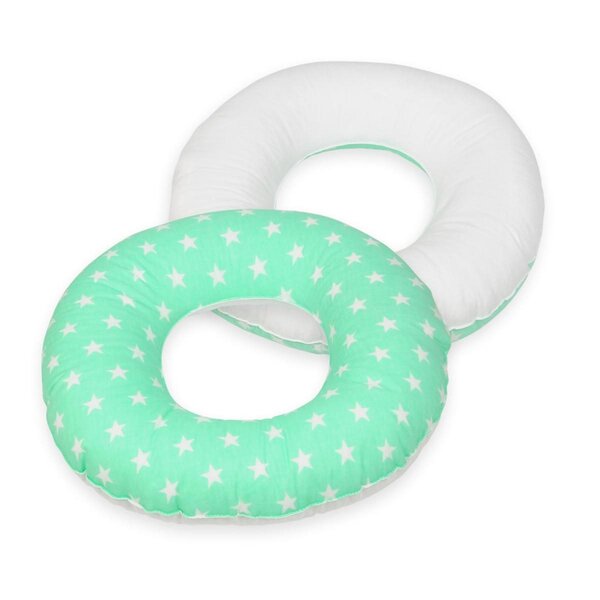 Coussin rond post natal etoiles blanches sur fond bleu menthe   blanc