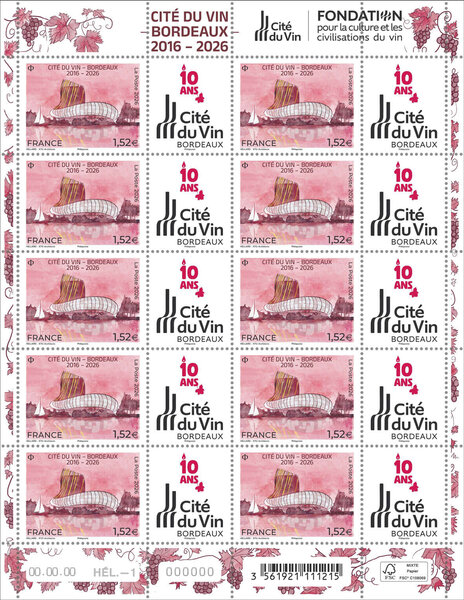 Feuille de 10 timbres - 10 ans de la cité du Vin - Bordeaux - Lettre Verte