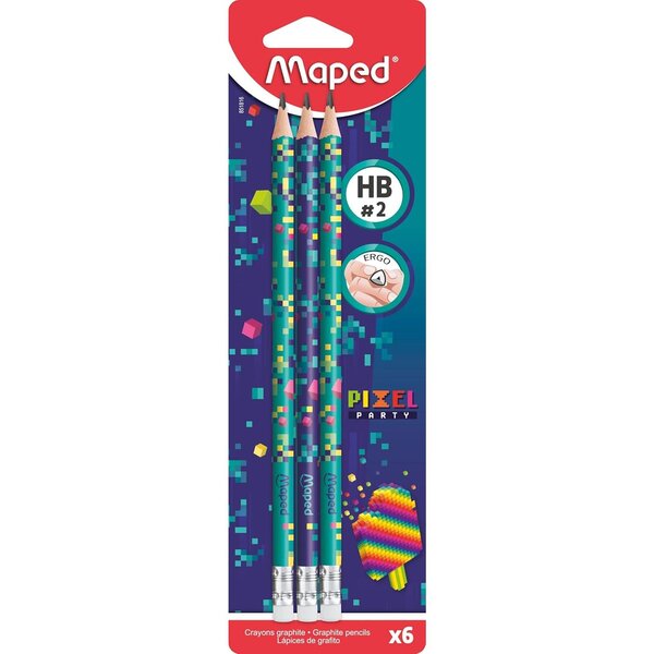 Pack 6 Crayons Papier PIXEL PARTY HB Bout Gomme MAPED