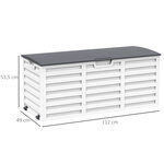 Coffre de jardin malle de rangement dim. 112L x 49l x 53H cm 2 roulettes polypropylène texturé imitation lattes de bois blanc gris