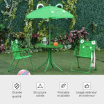 Ensemble salon de jardin enfant 4 Pièces design grenouille - table ronde + 2 chaises pliables + parasol - métal époxy oxford vert