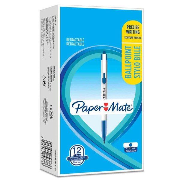 Boite de 12 stylos à bille rétractable 046 rt  bleu paper mate