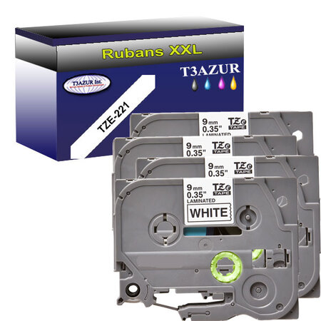 4 x Rubans d'étiquettes laminées générique Brother Tze-221 pour étiqueteuses P-touch - Texte noir sur fond blanc - T3AZUR