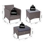 Outsunny Lot de 2 fauteuils de jardin grand confort repose-pied table basse résine tressée imitation rotin coussins gris