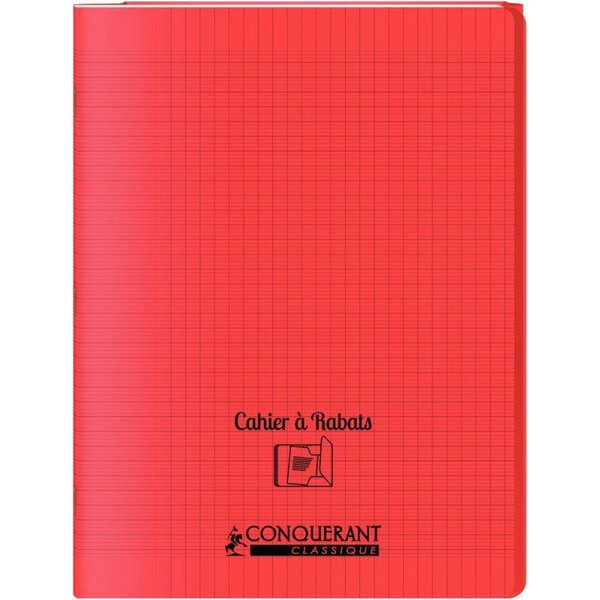Cahier 48 pages seyès 90 g avec couverture polypropylène rouge 3 rabats  format 24 x 32 cm CONQUERANT