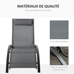 Bain de soleil transat design contemporain inclinable multi-positions tétière amovible incluse alu textilène gris