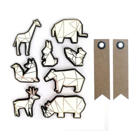 8 stickers 3D animaux du zoo 6 cm + 20 étiquettes kraft Fanion