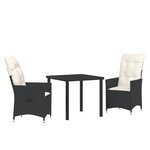 vidaXL Ensemble de salle à manger de jardin 3 pièces avec coussins en poly rotin noir