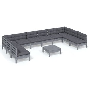 vidaXL Salon de jardin 11 Pièces avec coussins Gris Bois de pin solide