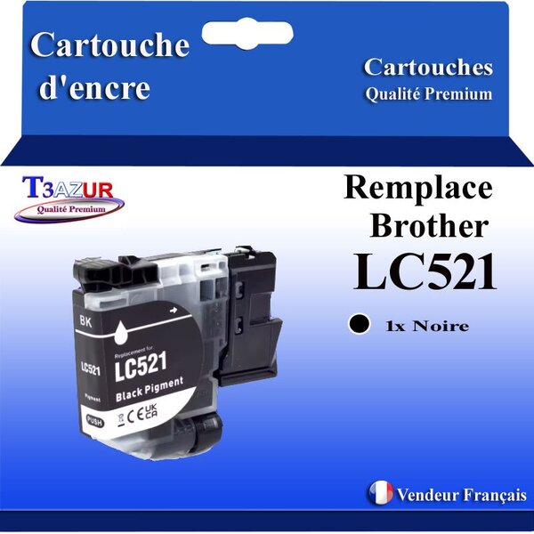 T3AZUR - Toner compatible avec Brother DCP-J1260W DCP-J1310DW DCP-J1360DW DCP-J1460DW remplace Brother LC521 Noir