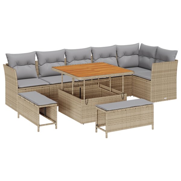 Ensemble de canapés de jardin vidaXL 9 pièces avec coussins Beige Poly rotin Acacia