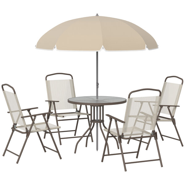 Ensemble salon de jardin 6 Pièces - table ronde + 4 chaises pliables + parasol - acier époxy café textilène polyester beige