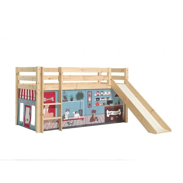 PINO Lit Compact avec Toboggan Pin Massif Nature  + Rideau en 4 parties Animalerie