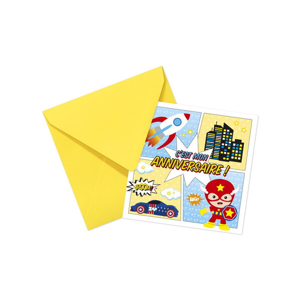 Lot de 8 cartes invitation enfant - c'est mon anniversaire - super héro