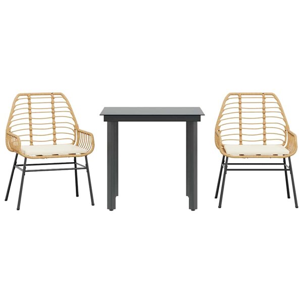 vidaXL Ensemble à manger jardin coussins 3Pièces marron poly rotin verre