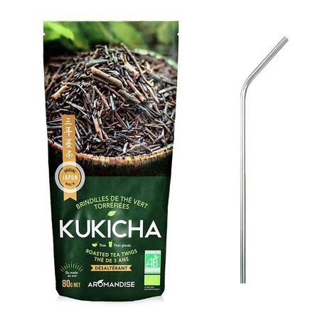 Thé vert bio japonais Kukicha 80 g + 4 pailles en inox