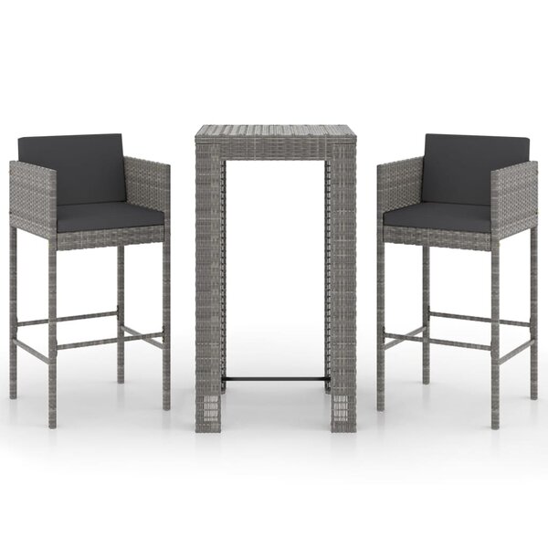 vidaXL Ensemble de bar de jardin 3 Pièces et coussins Résine tressée Gris