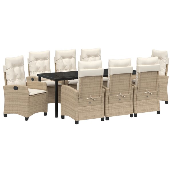 vidaXL Set de salle à manger de jardin de 9 pièces avec des coussins beiges  en poly rattan.