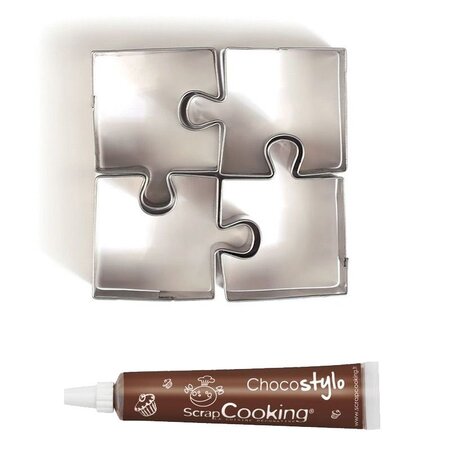 Stylo chocolat + 4 mini emporte-pièces inox Puzzle