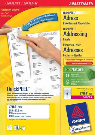 Étiquettes adresse quickpeel, 63,5 x 46,6 mm avery zweckform