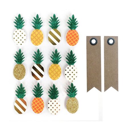 12 stickers 3D Ananas 4 5 cm + 20 étiquettes kraft Fanion