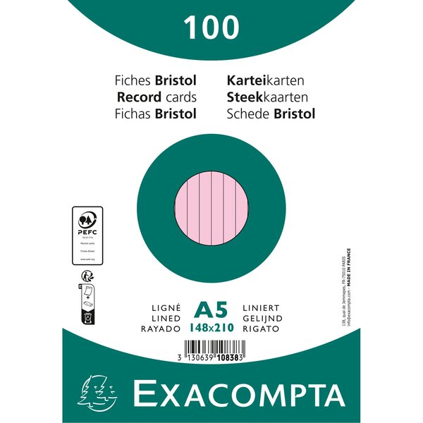 Paquet 100 Fiches Sous Film - Bristol Ligné Non Perforé 148x210mm - Rose - X 10 - Exacompta
