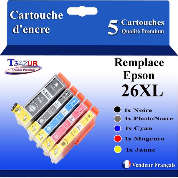 T3AZUR - 5 Cartouches Compatibles avec Epson XP620  XP625  XP700  XP710  XP720  XP800  XP810  XP820 remplace Epson T26XL +10 papiers photo A6 - T3AZUR