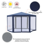 Tonnelle barnum tente de réception hexagonale 10 m² style cosy métal polyester imperméabilisé bleu blanc