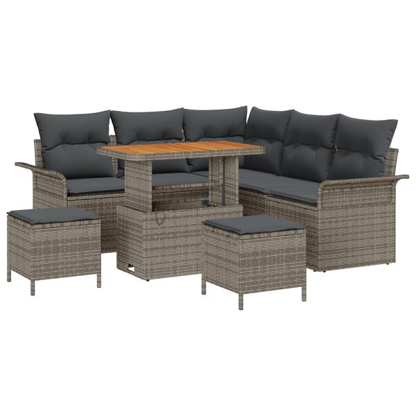 Set de canapé de jardin 8 pièces avec coussins gris poly rotin acacia