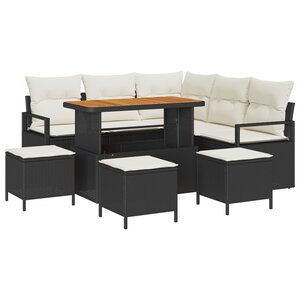 vidaXL Ensemble de canapé de jardin 9 pièces avec des coussins en polyrotin noir et acacia