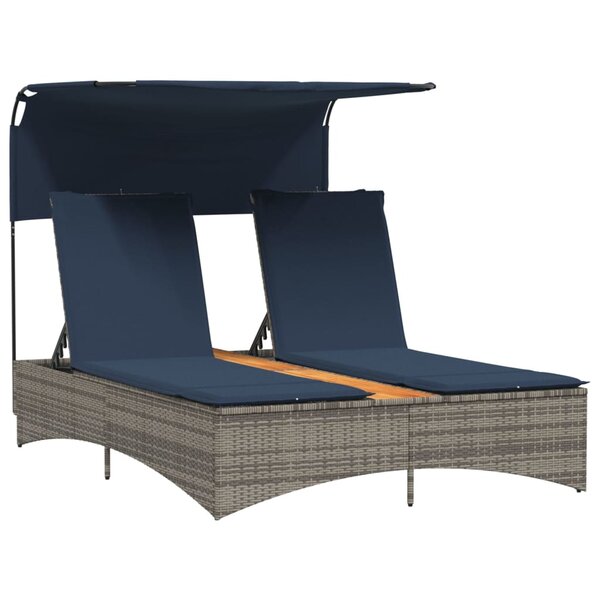 vidaXL Chaise longue double avec auvent et coussins en polyrotin gris
