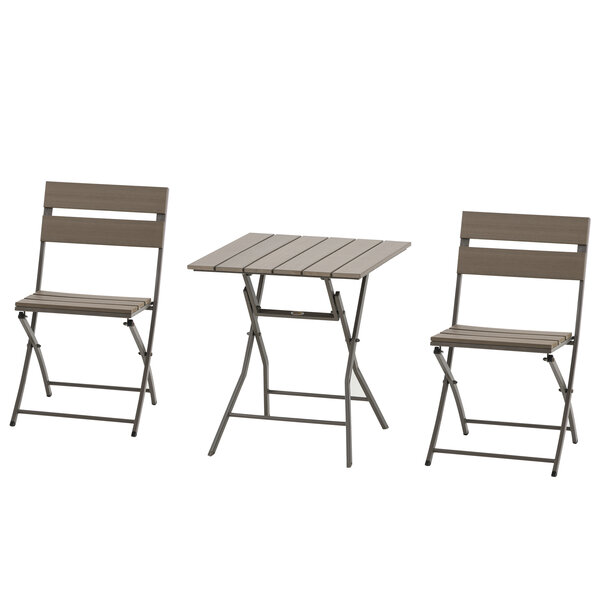 Ensemble bistro de jardin 3 pièces pliables design contemporain table carrée et 2 chaises à lattes métal époxy PE aspect bois