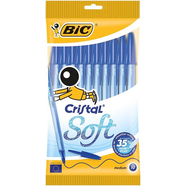 Pochette de 10 Stylos-bille Cristal Soft Pointe Moyenne Bleu BIC