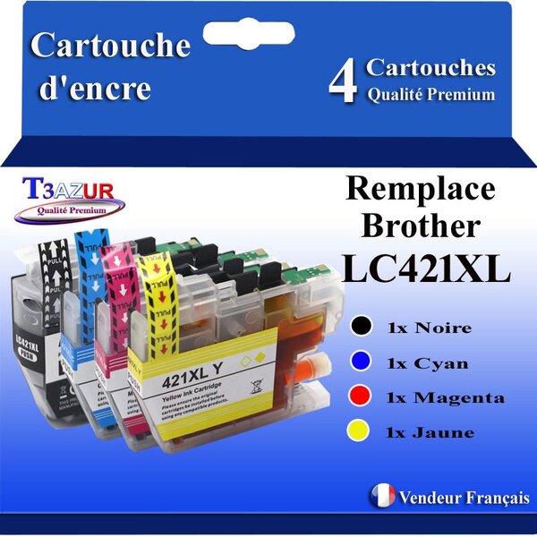 T3AZUR- 4x Cartouches compatibles avec Brother LC421 XL pour Brother DCP-J1050DW  DCP-J1140DW  DCP-J114DW  DCP-J1800DW