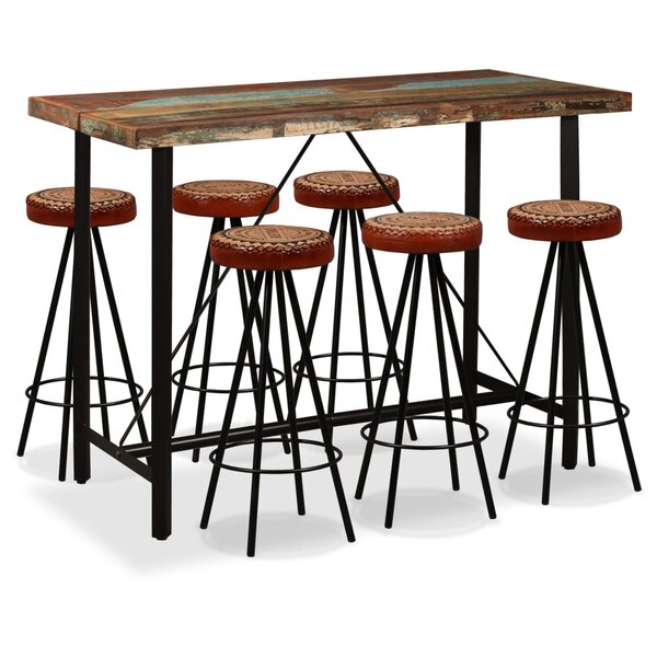 vidaXL Ensemble de bar 7 Pièces Bois de récupération Cuir véritable et toile