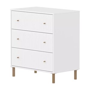 Flexa SAGA Commode 3 tiroirs a facades rainurees Blanche Pieds et boutons en chene