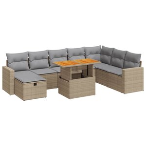 vidaXL Salon de jardin avec coussins 9 Pièces beige résine tressée acacia