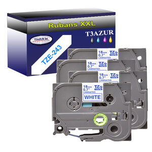 4 x Rubans pour étiquettes laminées générique Brother Tze-243 pour étiqueteuses P-touch - Texte bleu sur fond blanc - - T3AZUR