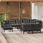 vidaXL Salon de jardin 10 Pièces avec coussins Noir Bois de pin massif