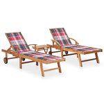 vidaXL Chaises longues lot de 2 avec table et coussin Bois teck solide