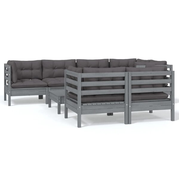 vidaXL Salon de jardin 8 Pièces avec coussins gris bois de pin massif