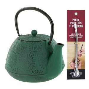 Théière en fonte Hanami vert émeraude 1 2 L + paille inox avec filtre